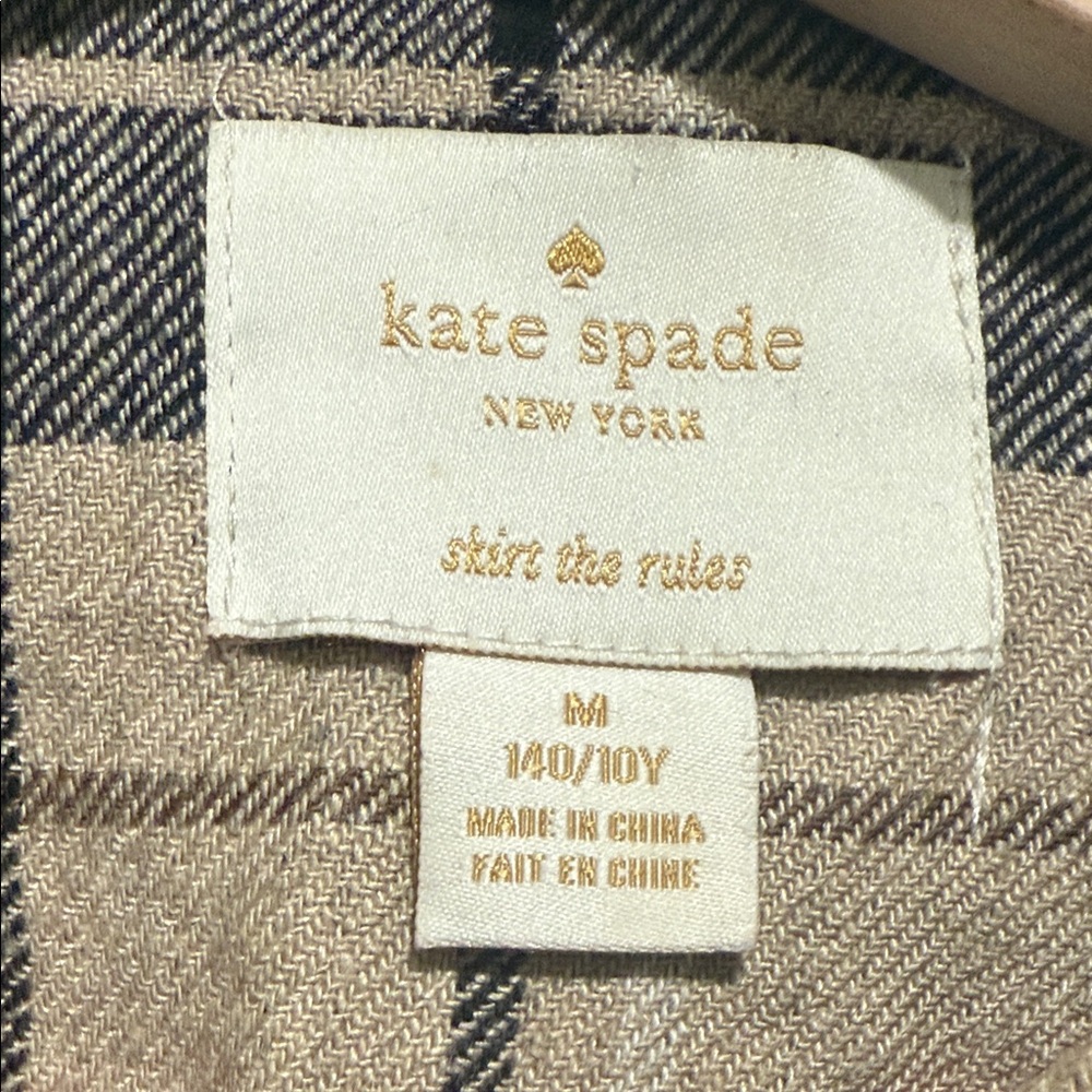 Kate Spade Black and Tan Wool Blend Girls Plaid Pea Coat with Bow - Picture 2 of 5